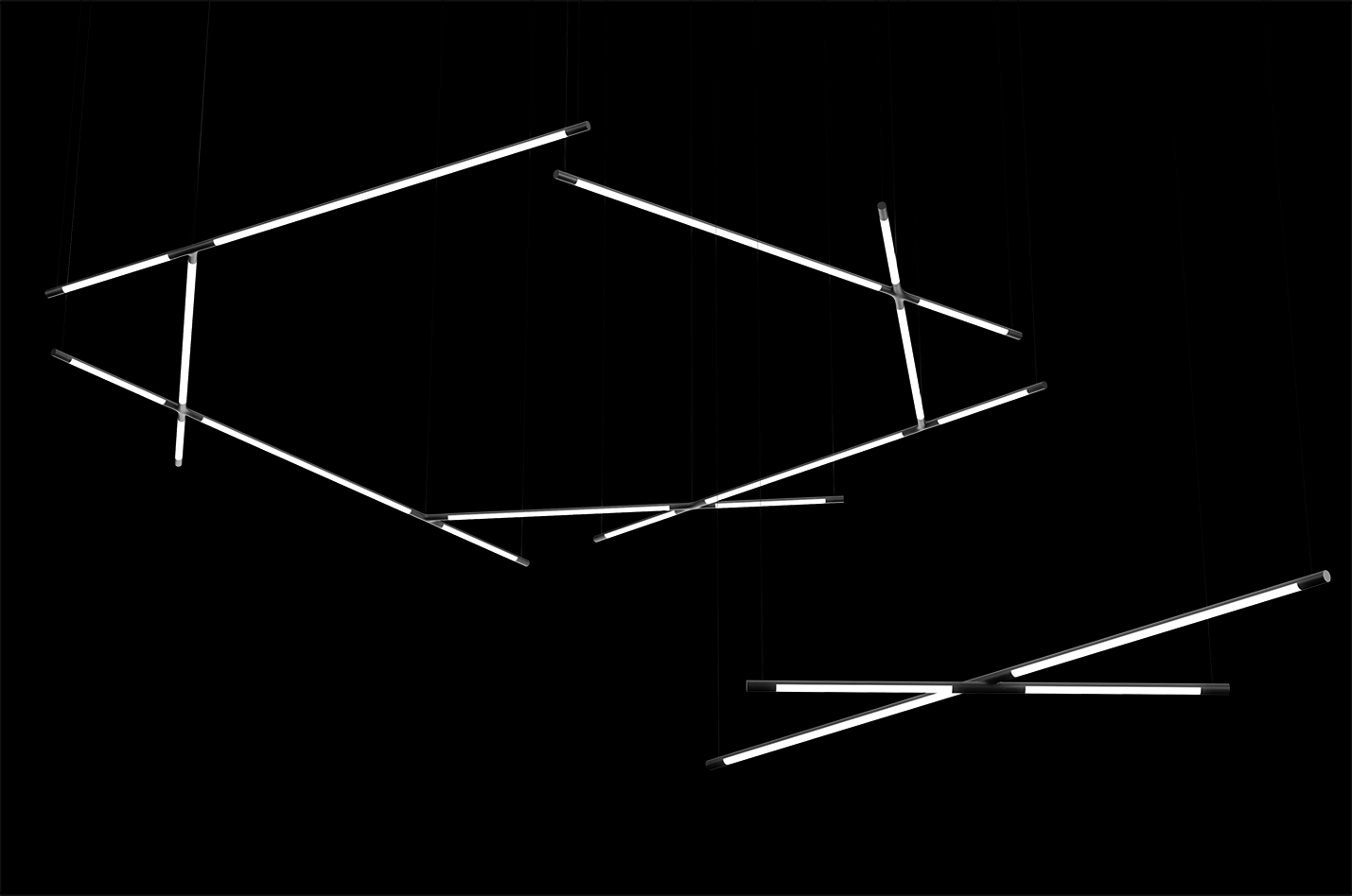 Aloft segmented linear luminaires suspended in a dark interior