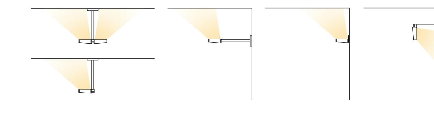 Angle Mini pendant, stem, wall, and grazing mounting diagrams