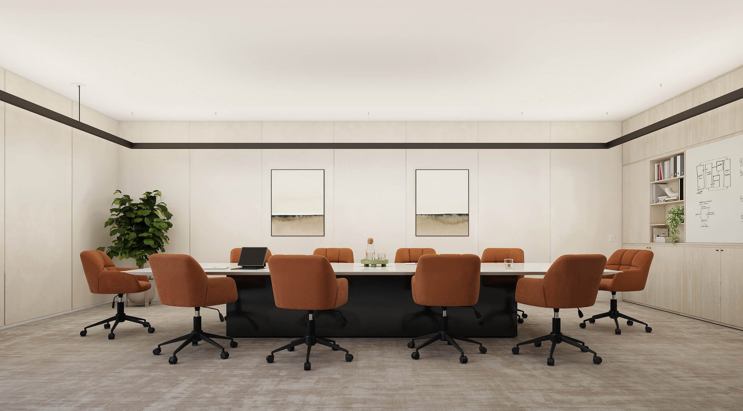 Mira suspended luminaires illuminating a modern conference room