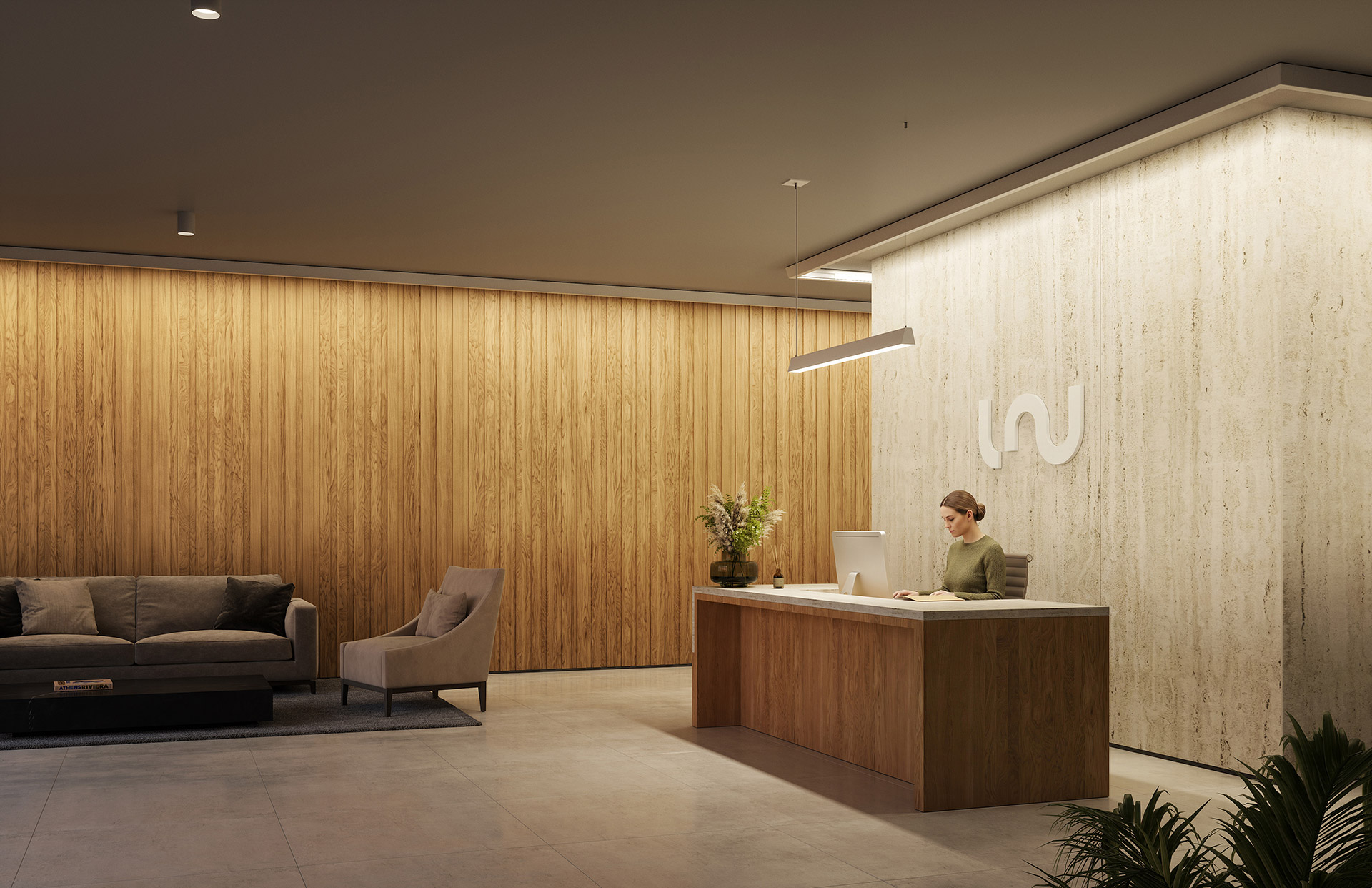 Direct and indirect Mira luminaires lighting a corridor and meeting space