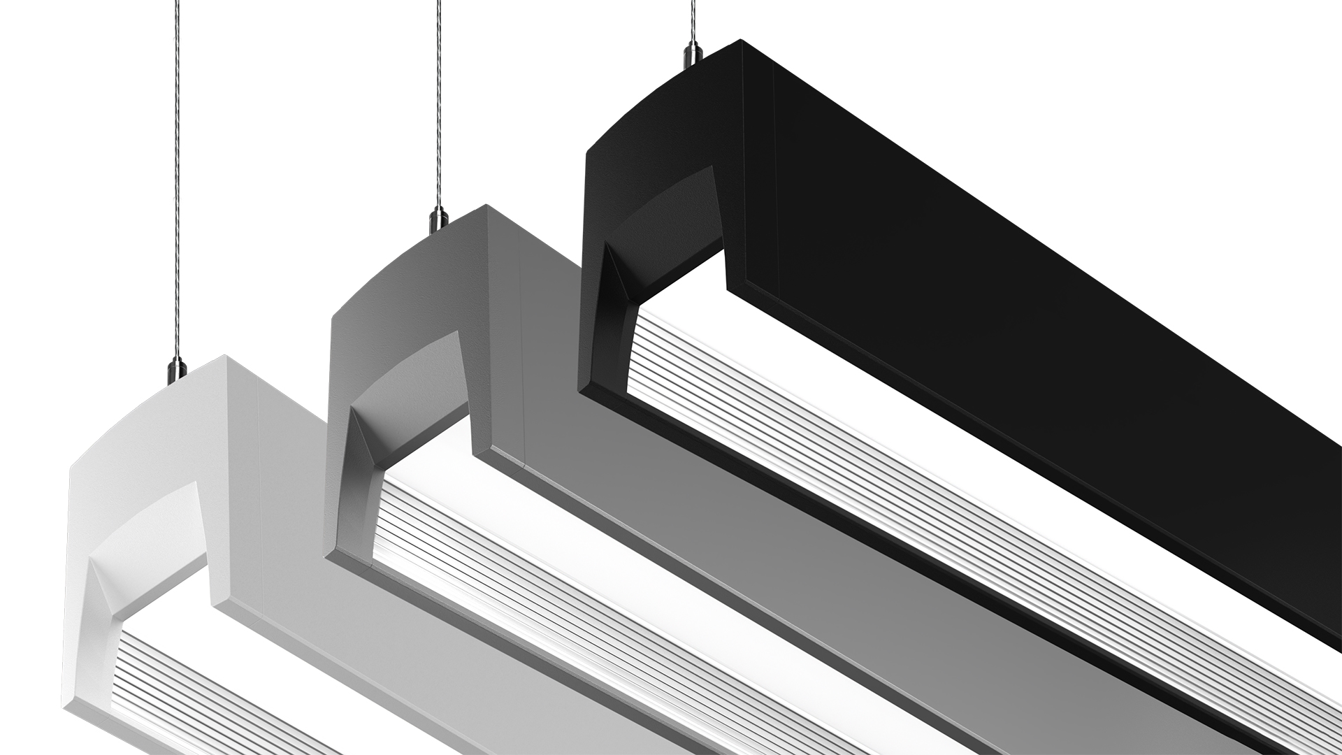 Prim pendants in white, aluminum, and black finishes