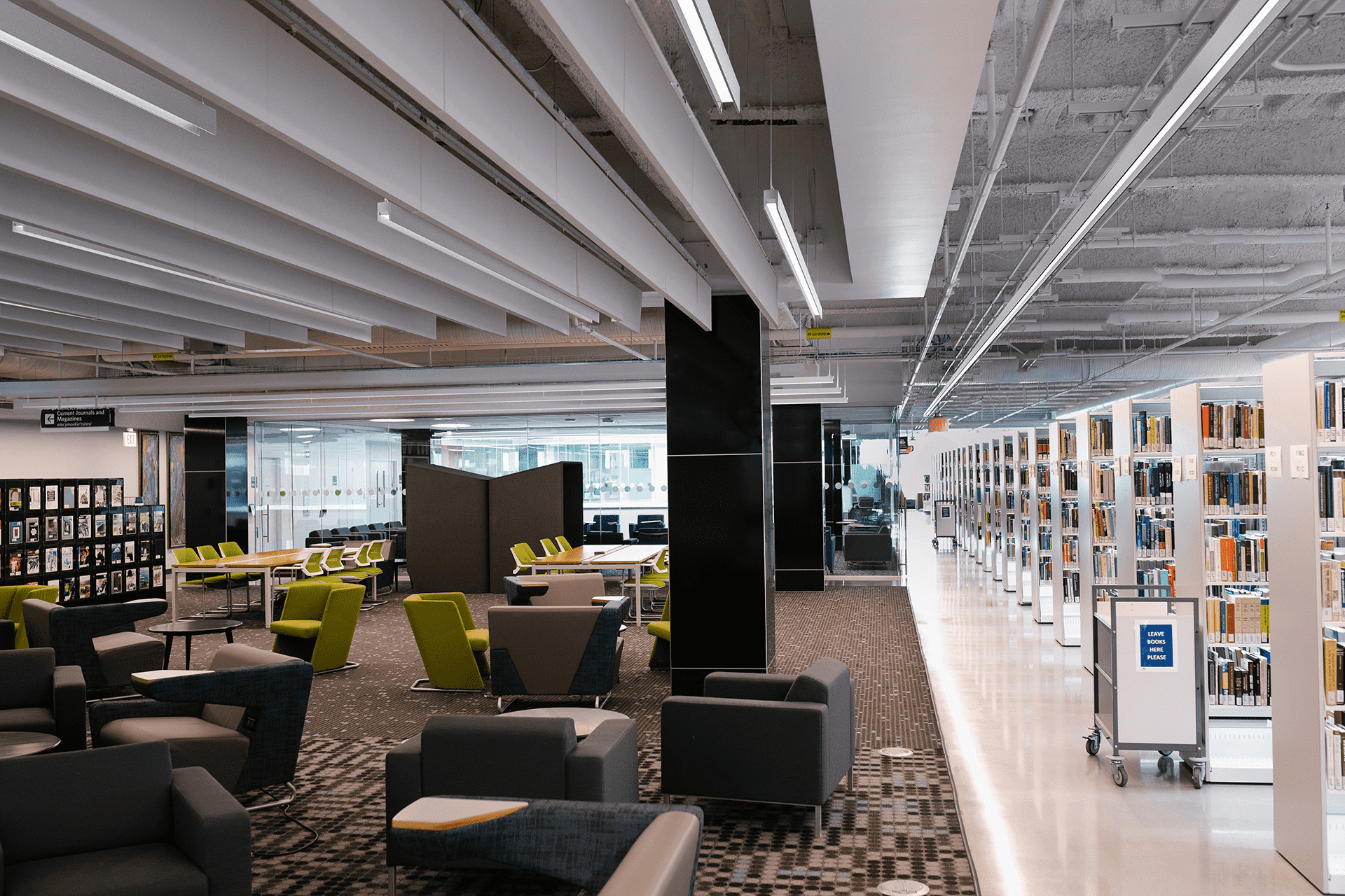 PRIM pendant linear luminaires in a library