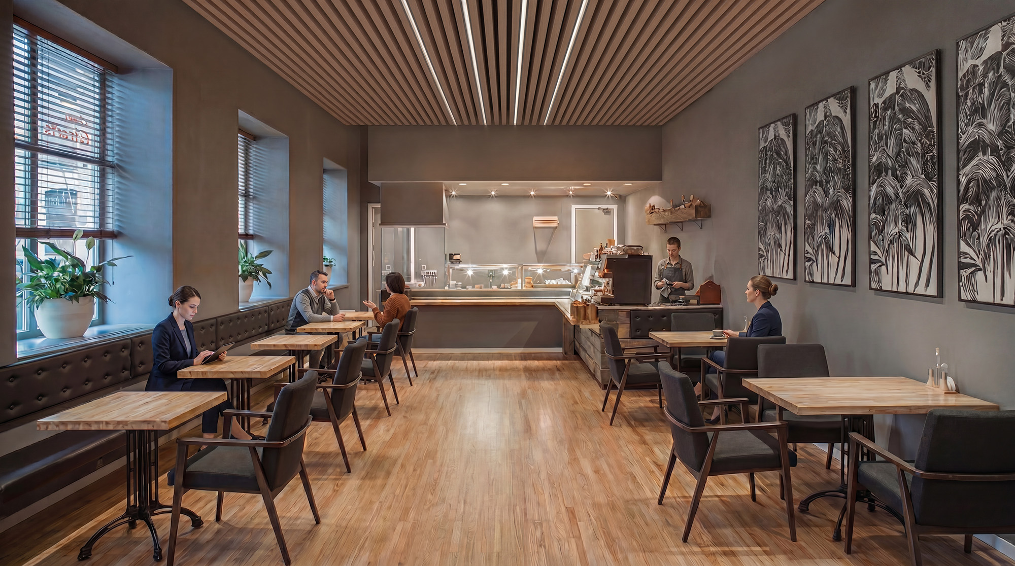 PRIM recessed linear runs in a café with a slatted wood ceiling
