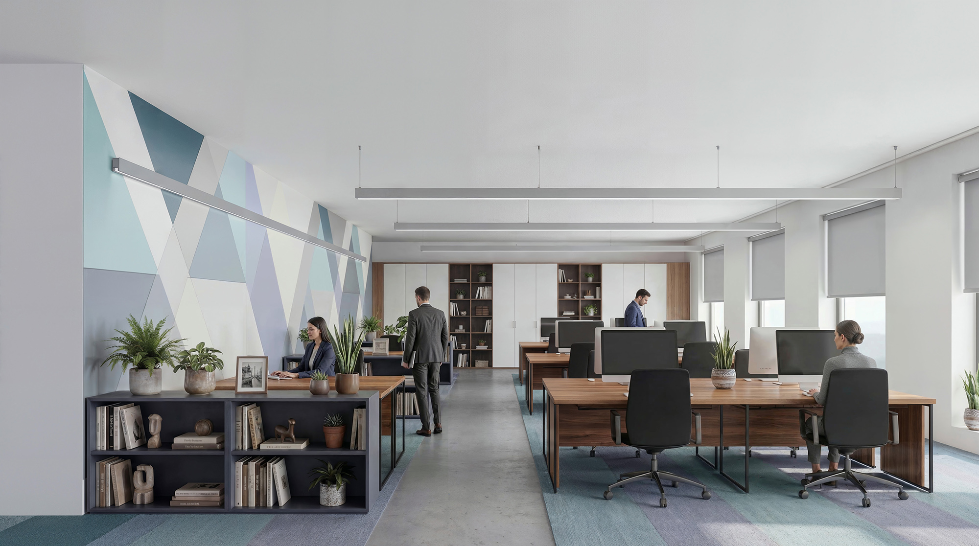 PRIM linear luminaires over an open office workspace
