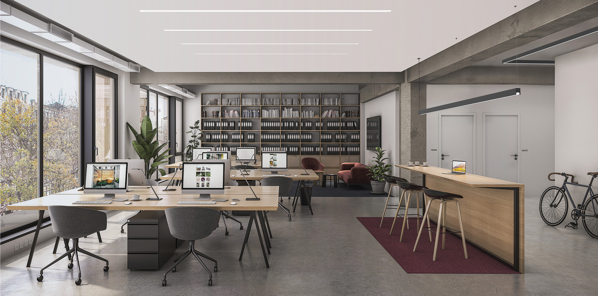 Prim luminaires over a collaborative workspace