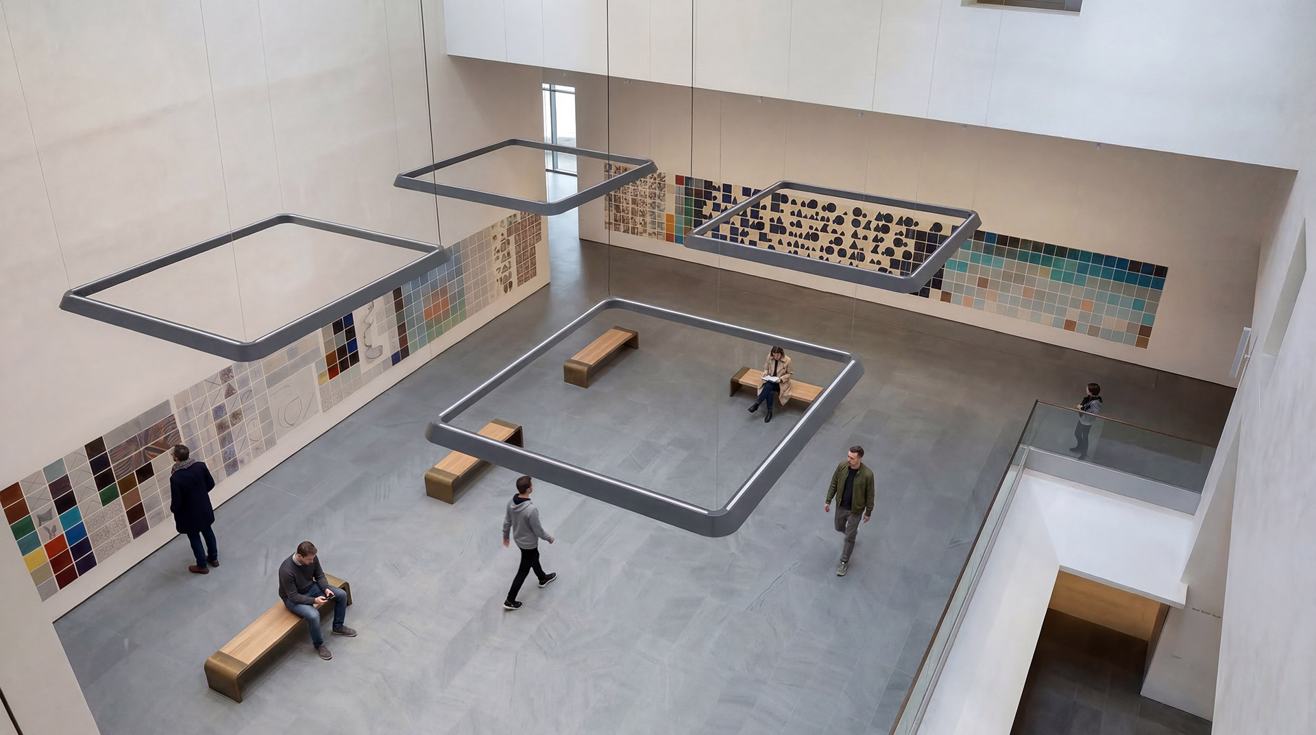 Relay hexagonal luminaires in a library atrium