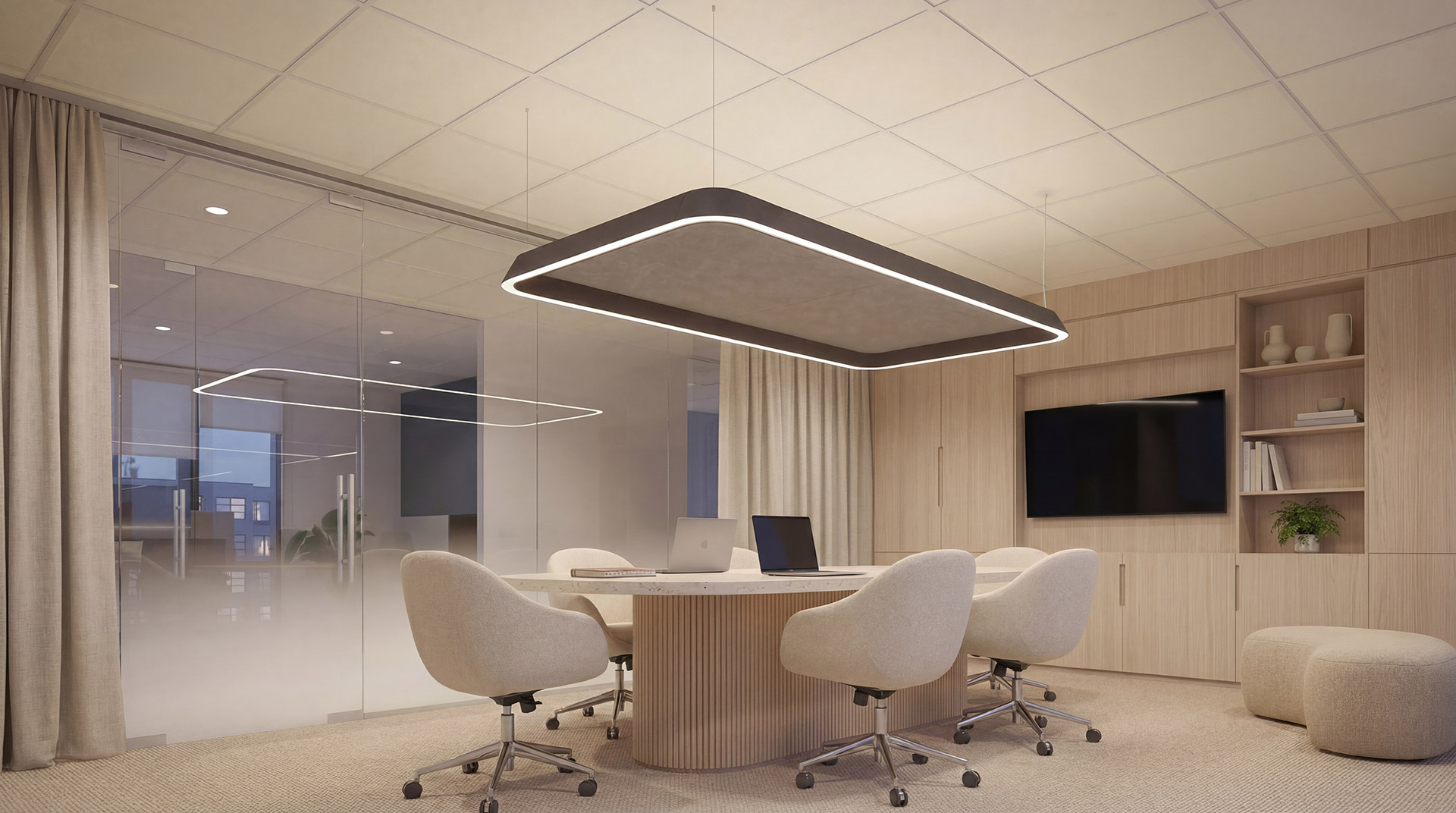 Relay luminaire suspended over a conference table