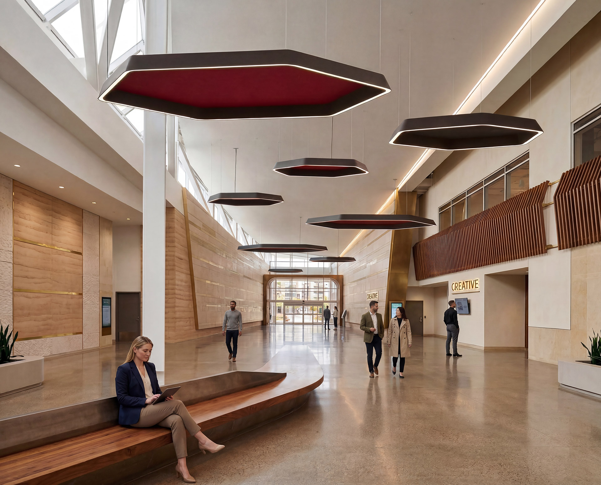 Relay hexagonal luminaires with acoustic felt panels in an atrium