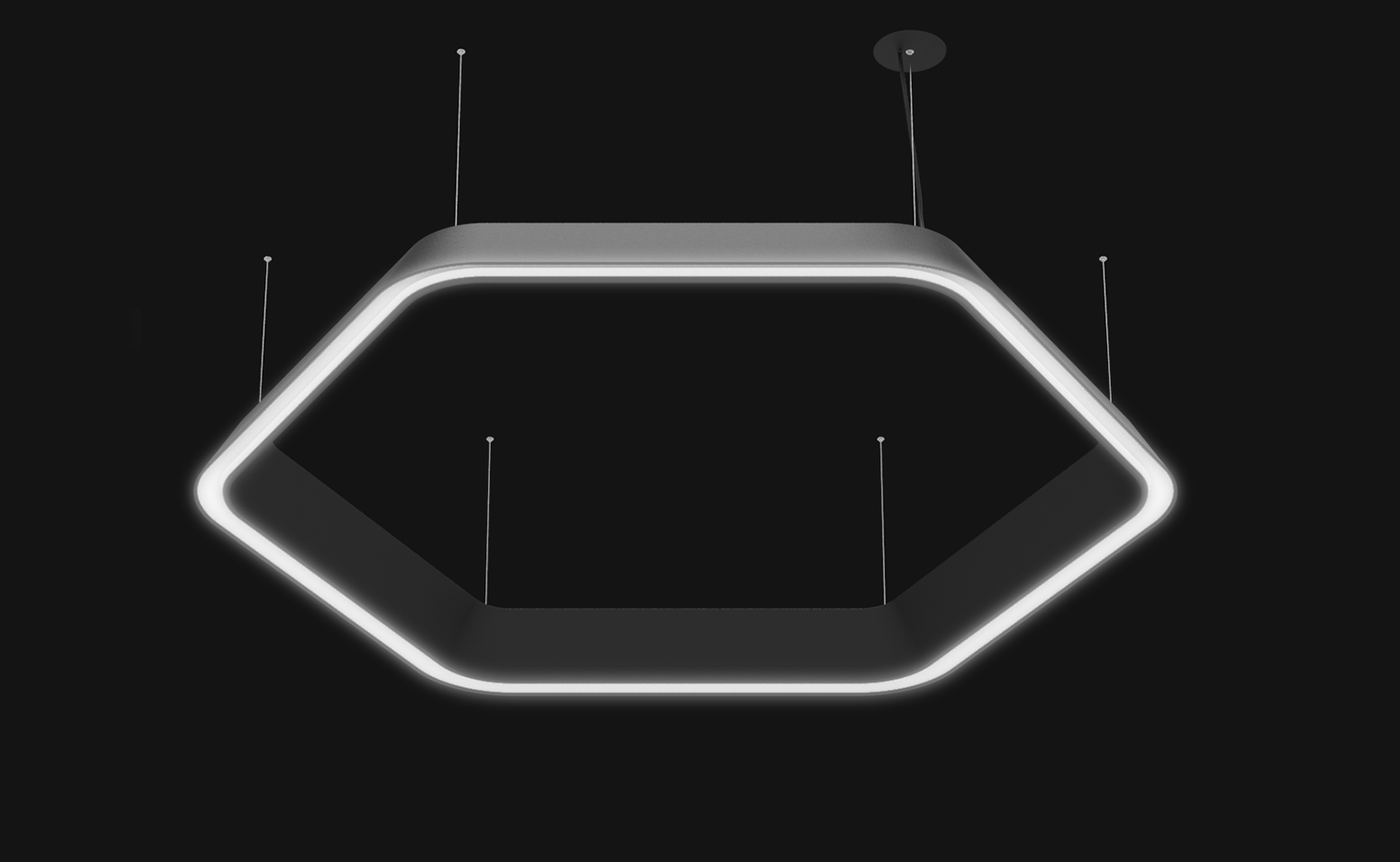 Relay geometric suspended luminaire glowing in a dark interior
