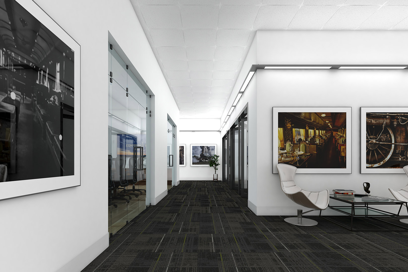 Renna ceiling-mounted linear luminaires along a hallway