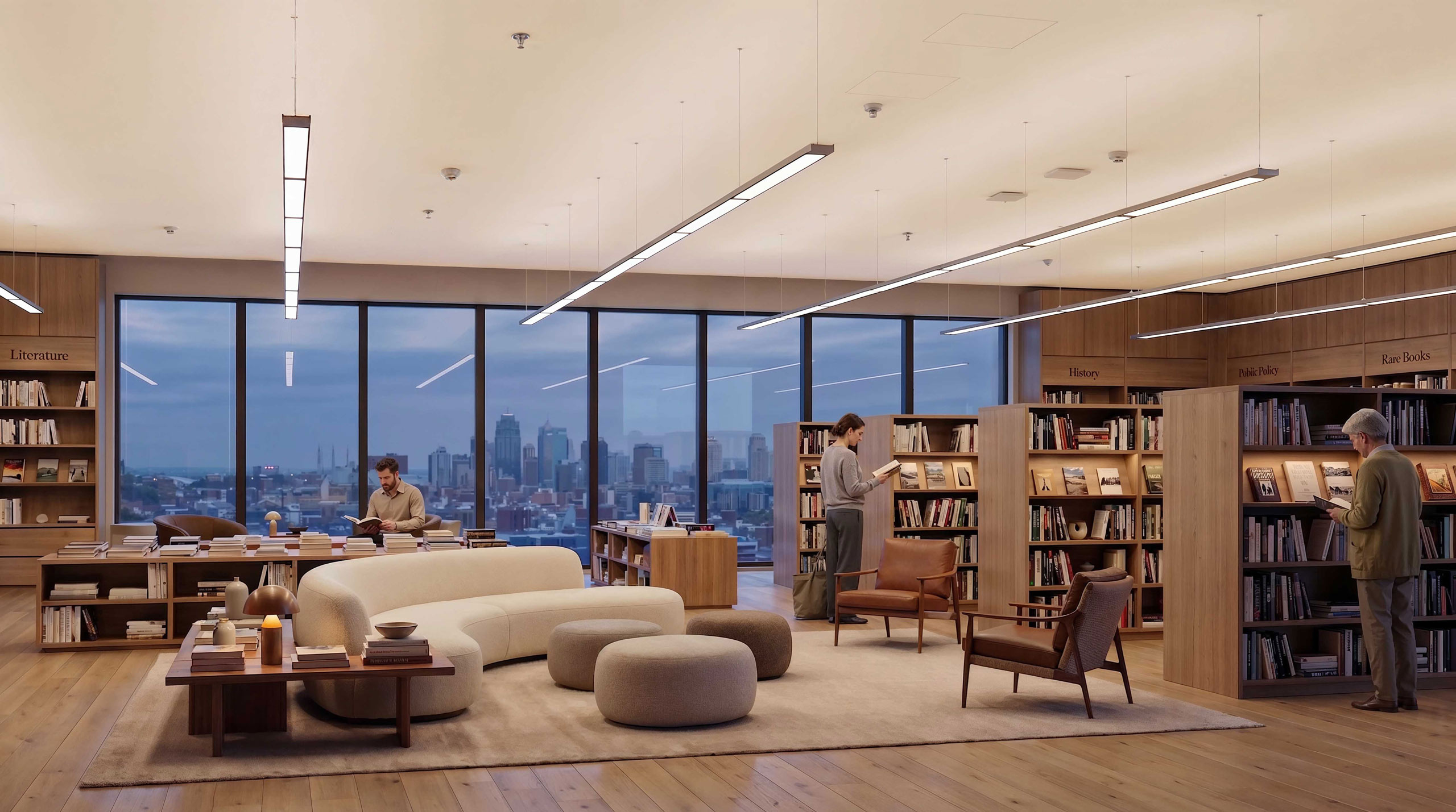 Renna suspended linear luminaires lighting a library reading room