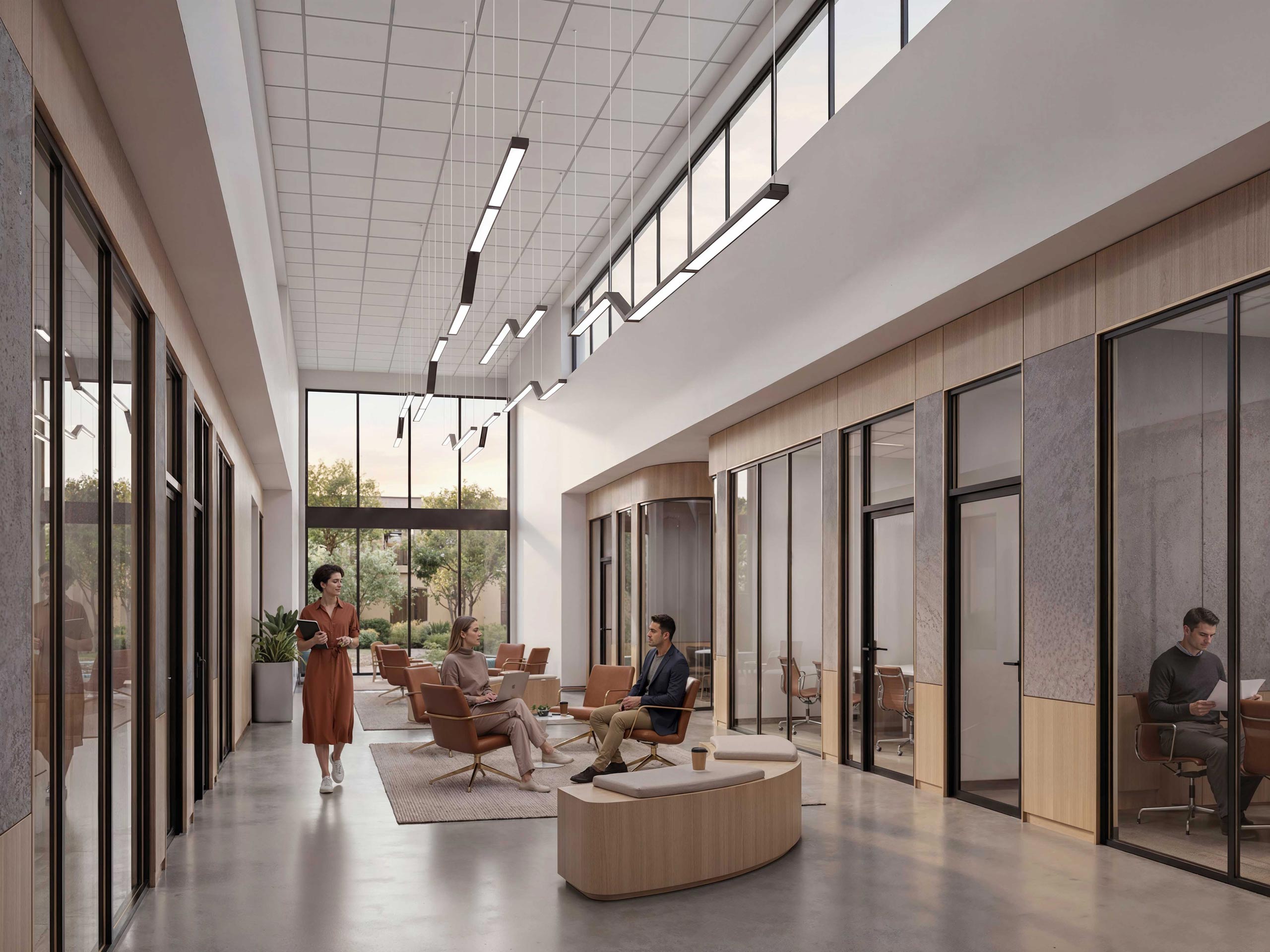 Renna luminaires in an office lounge with wood-clad meeting rooms