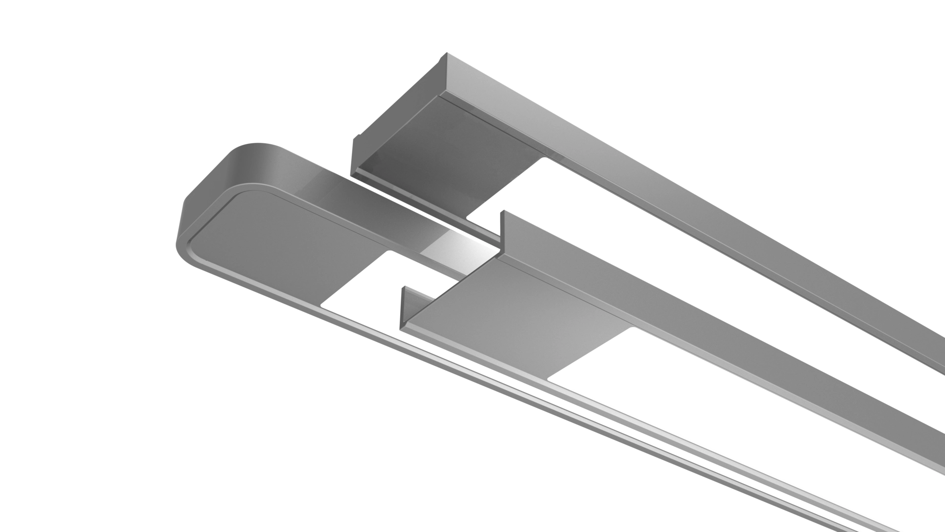 Renna linear luminaires with round and square endcaps on a dark field